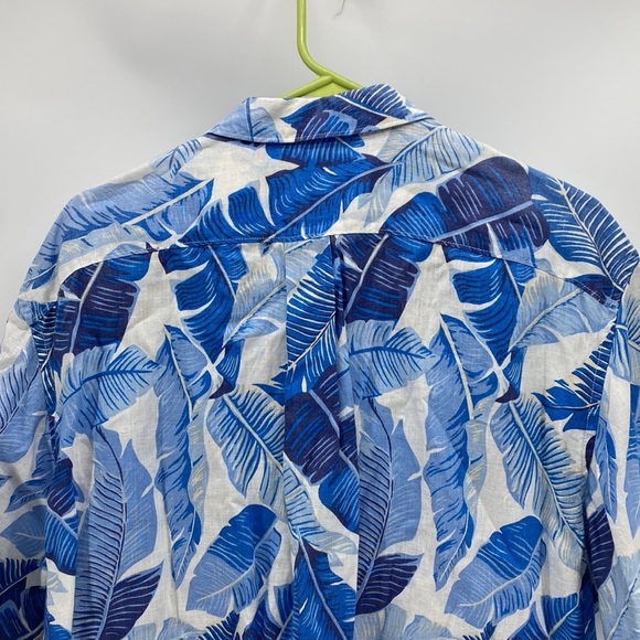 Land’s End traditional fit tropical blue white linen button Down short sleeve - Picture 7 of 8